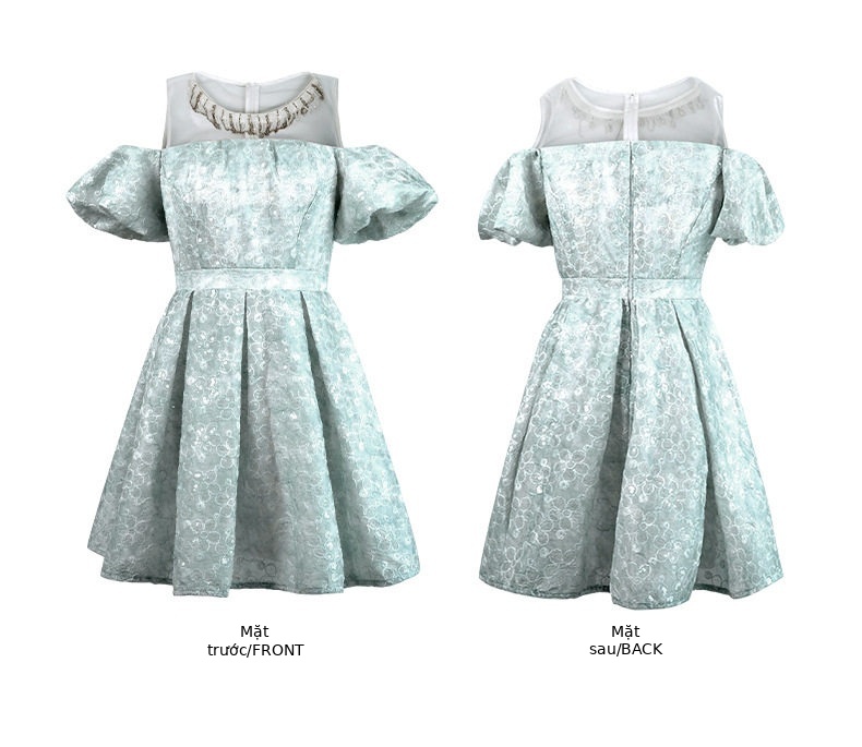 Đầm ren nữ tay bồng cổ tròn A chữ A dáng midi — [Xanh dương] chi tiết 4