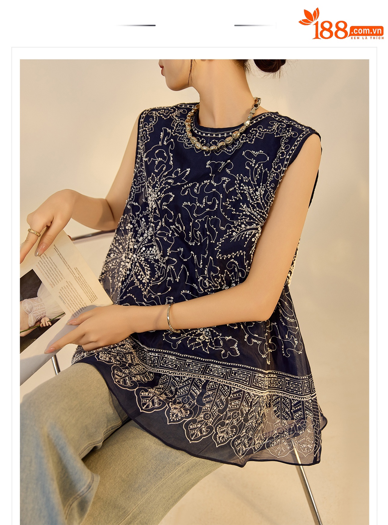 Áo vest gile nữ không tay cổ tròn đính hạt sang trọng — Màu xanh lam chi tiết 1