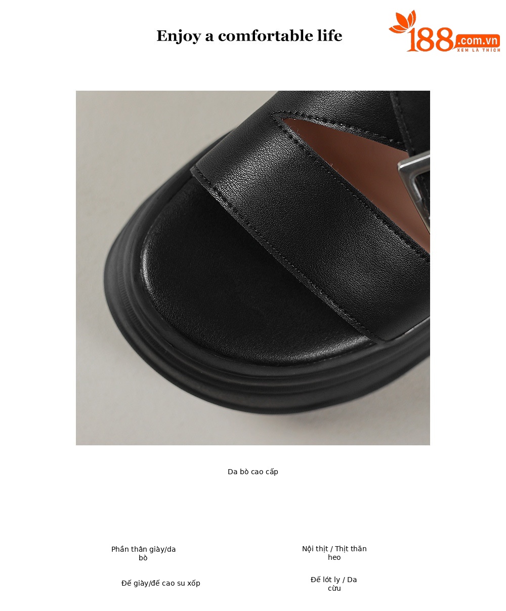 Sandal nữ đế dày quai chéo khóa thắt lưng, hở ngón phong cách La Mã, gót cao 7 cm — Màu đen chi tiết 3