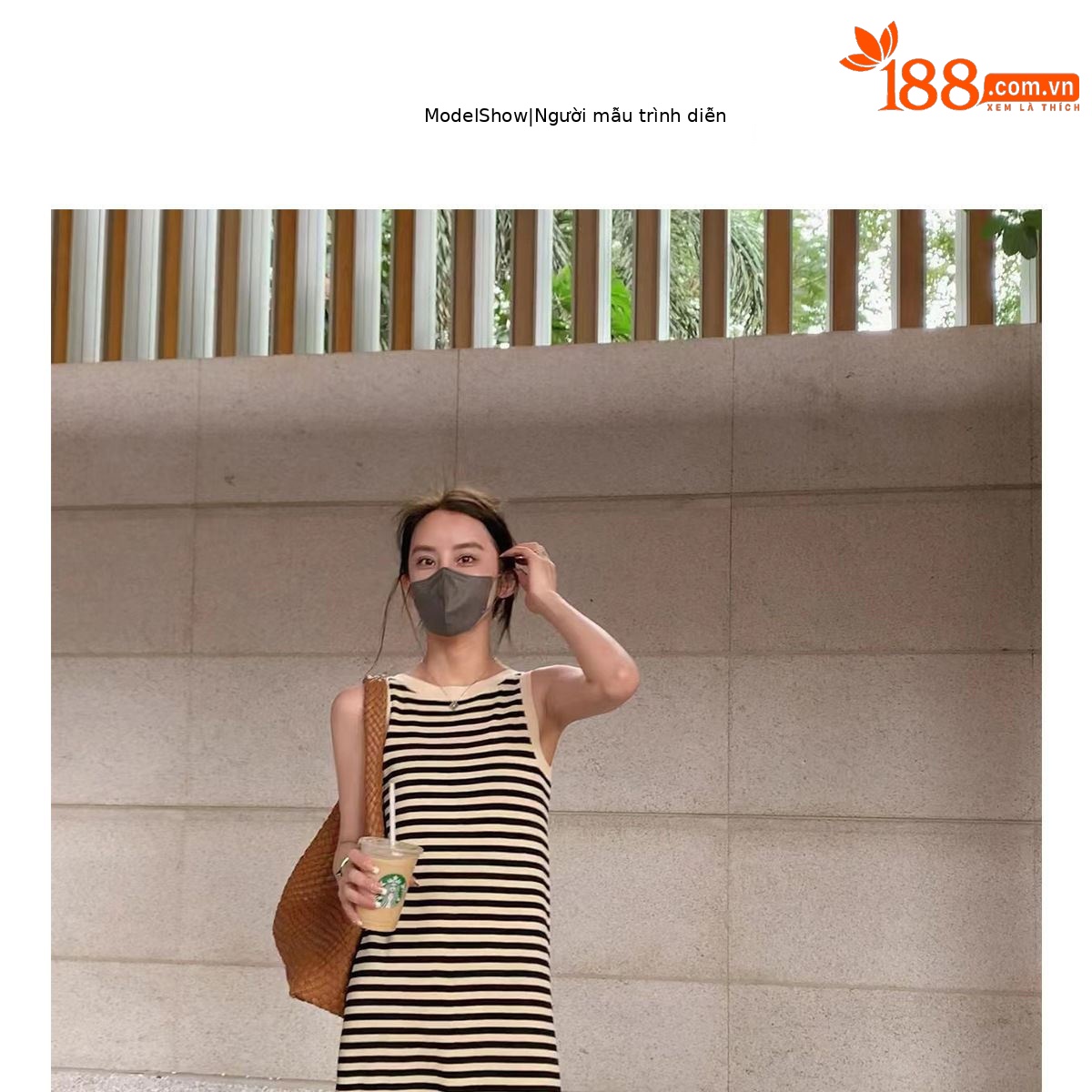 Đầm maxi nữ dây đeo sọc mơ phong cách Hepburn không tay — sọc mơ chi tiết 5
