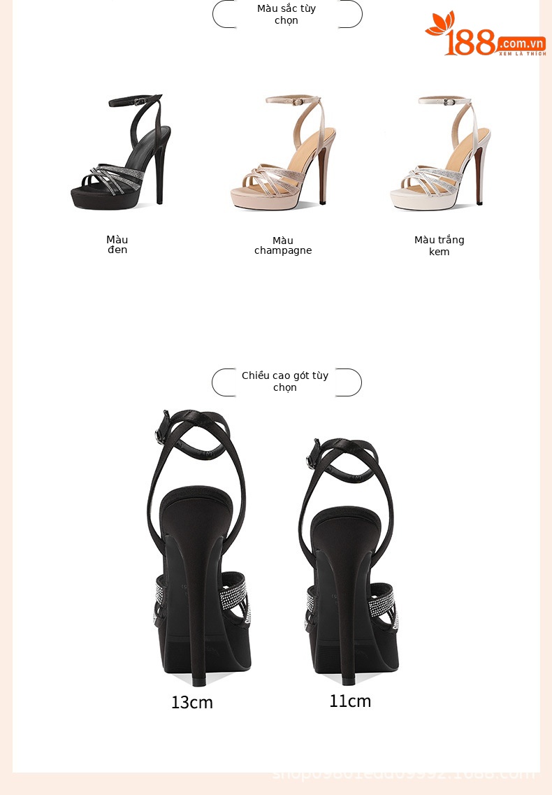 Sandal cao gót nữ hở mũi đính đá pha lê gót siêu cao 13 cm — Màu sâm panh (13CM) chi tiết 1