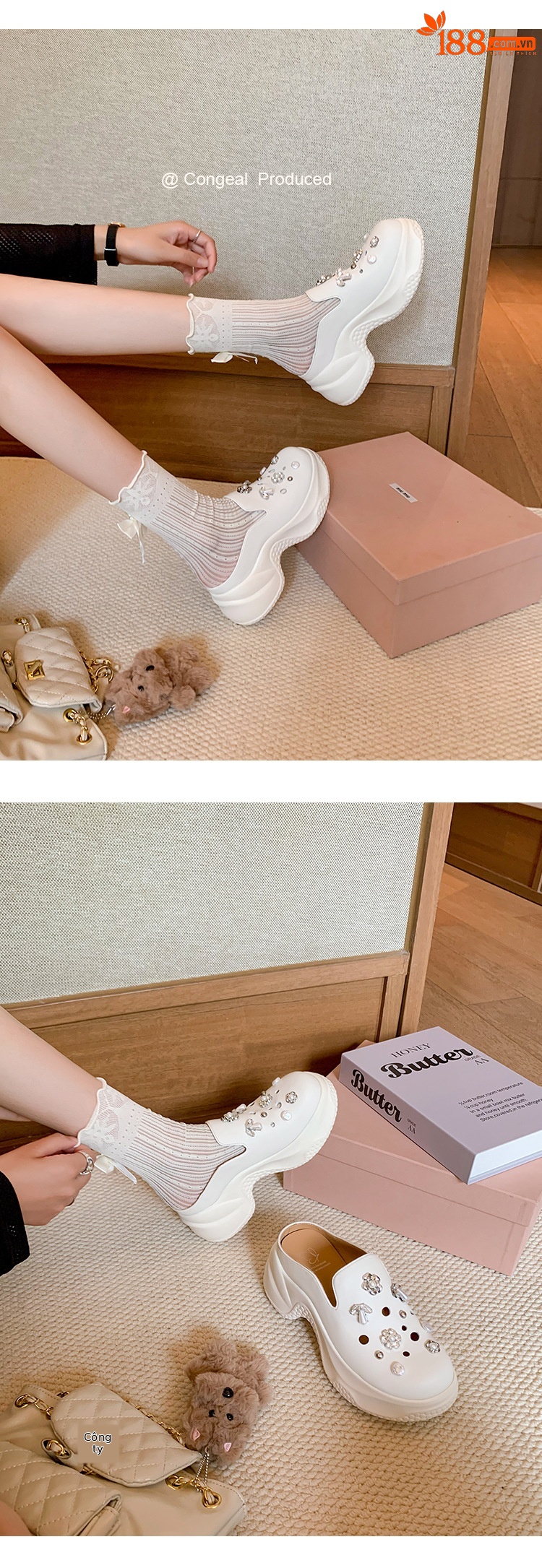 Dép lê bít mũi độn cao da thật 7cm cho nữ, phong cách sandal lỗ xốp mùa hè, đính ngọc trai đinh tán — Màu trắng, Màu xám chi tiết 7