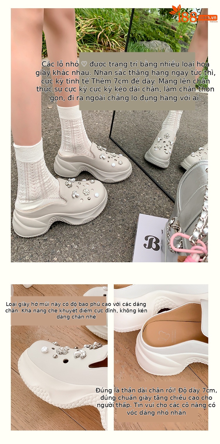 Dép lê bít mũi độn cao da thật 7cm cho nữ, phong cách sandal lỗ xốp mùa hè, đính ngọc trai đinh tán — Màu trắng, Màu xám chi tiết 2