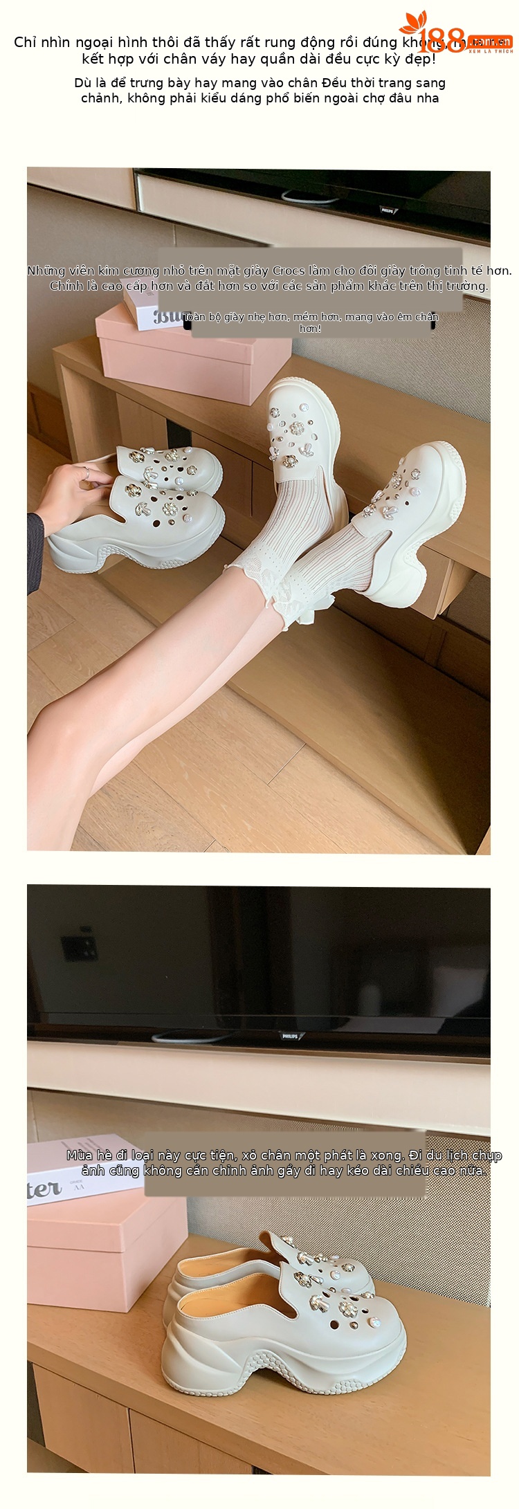 Dép lê bít mũi độn cao da thật 7cm cho nữ, phong cách sandal lỗ xốp mùa hè, đính ngọc trai đinh tán — Màu trắng, Màu xám chi tiết 3