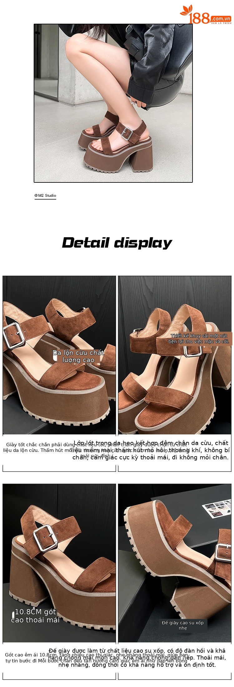 Sandal cao gót quai ngang La Mã hở mũi đế siêu dày 11cm — Màu đen, Màu cà phê chi tiết 3