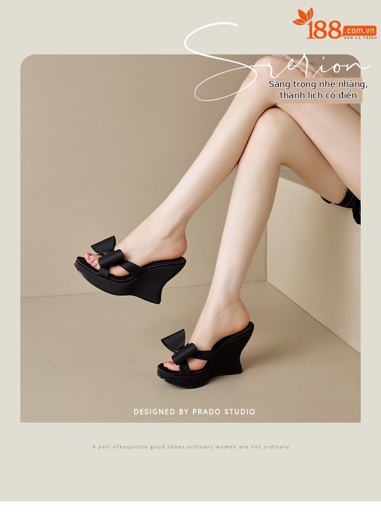 Sandal cao gót nữ quai chéo đế xuồng phong cách Trung cổ, nơ trang trí, gót 8 cm — Màu đen, Màu trắng sữa chi tiết 1