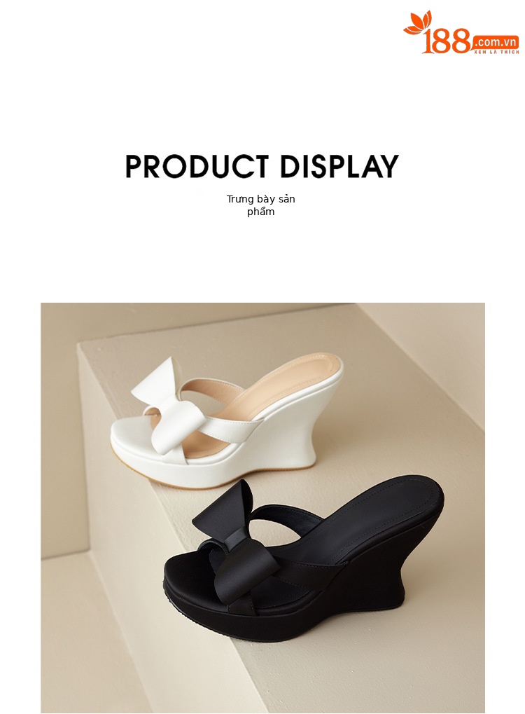 Sandal cao gót nữ quai chéo đế xuồng phong cách Trung cổ, nơ trang trí, gót 8 cm — Màu đen, Màu trắng sữa chi tiết 18