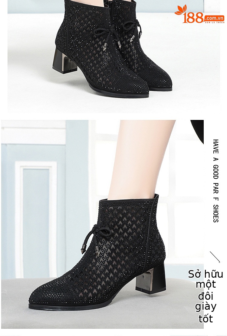 Boot nữ cổ thấp gót thô vải lưới thoáng khí mùa hè — Xám be chi tiết 10