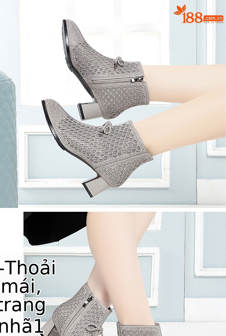 Boot nữ cổ thấp gót thô vải lưới thoáng khí mùa hè — Xám be chi tiết 11