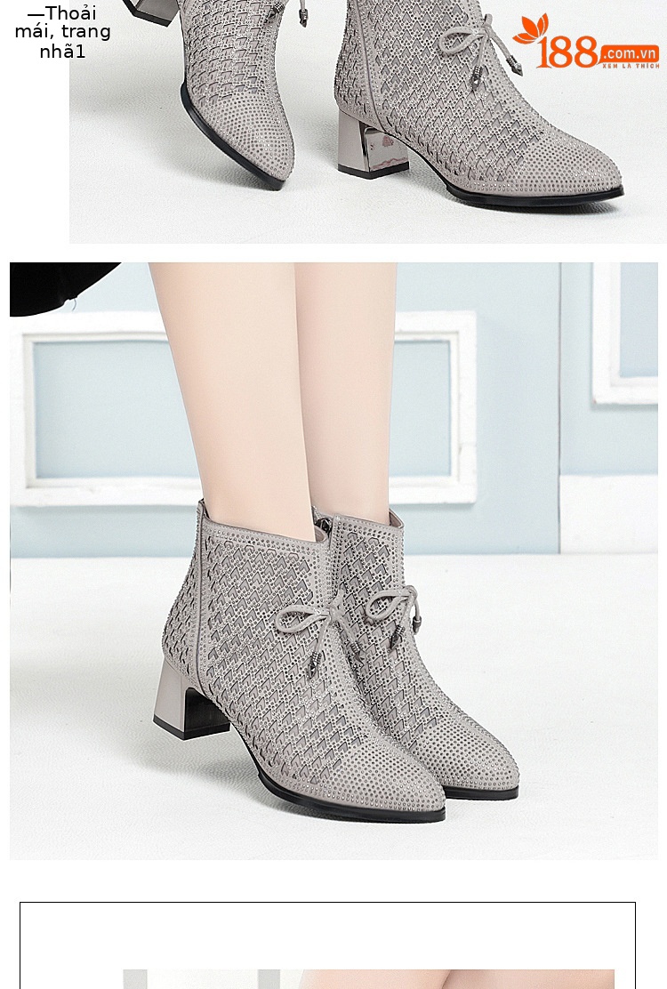 Boot nữ cổ thấp gót thô vải lưới thoáng khí mùa hè — Xám be chi tiết 12
