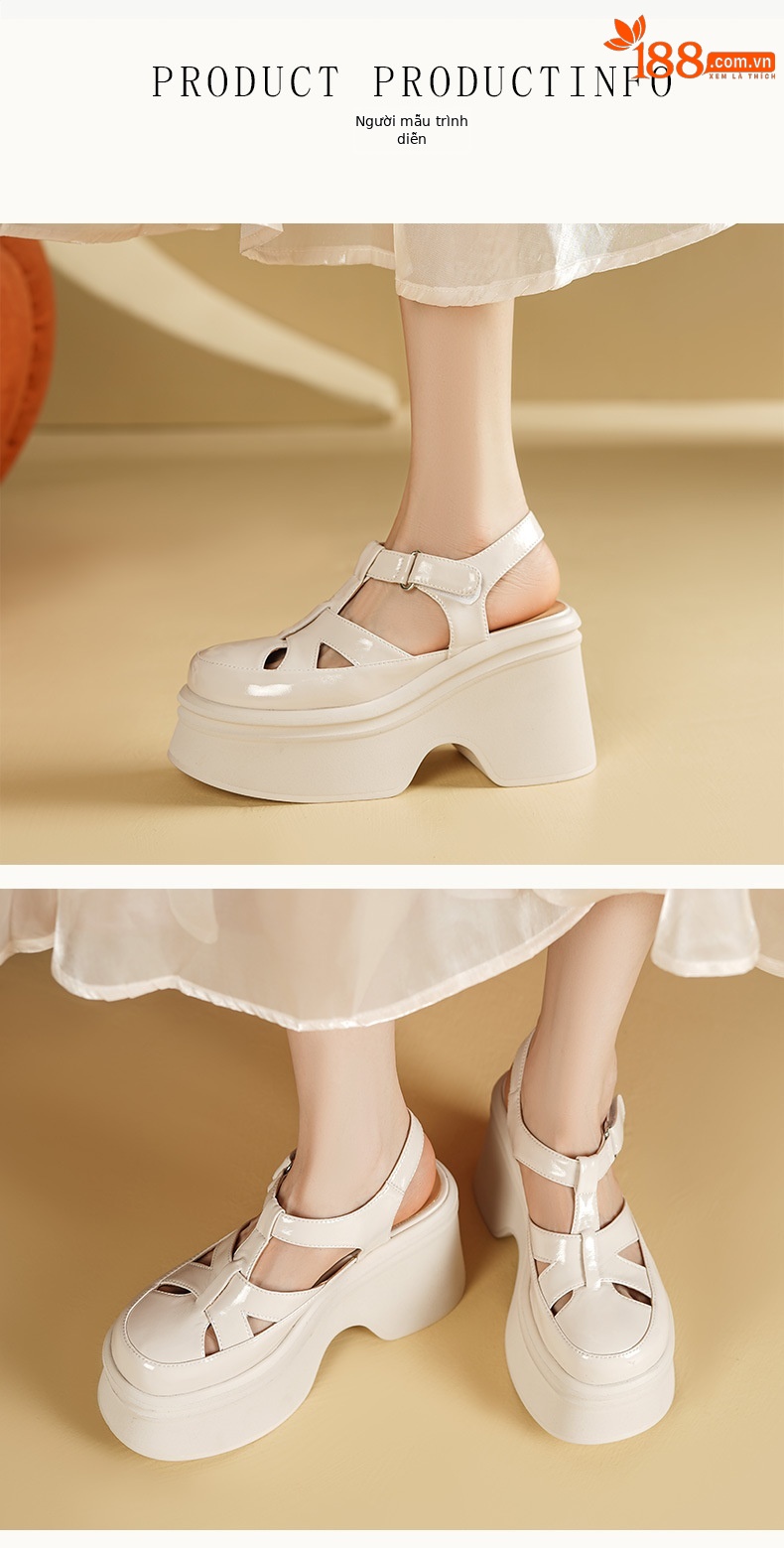 Sandal cao gót nữ 10 cm quai ngang mũi hở đế platform da bóng — Màu đen, Màu trắng be chi tiết 2
