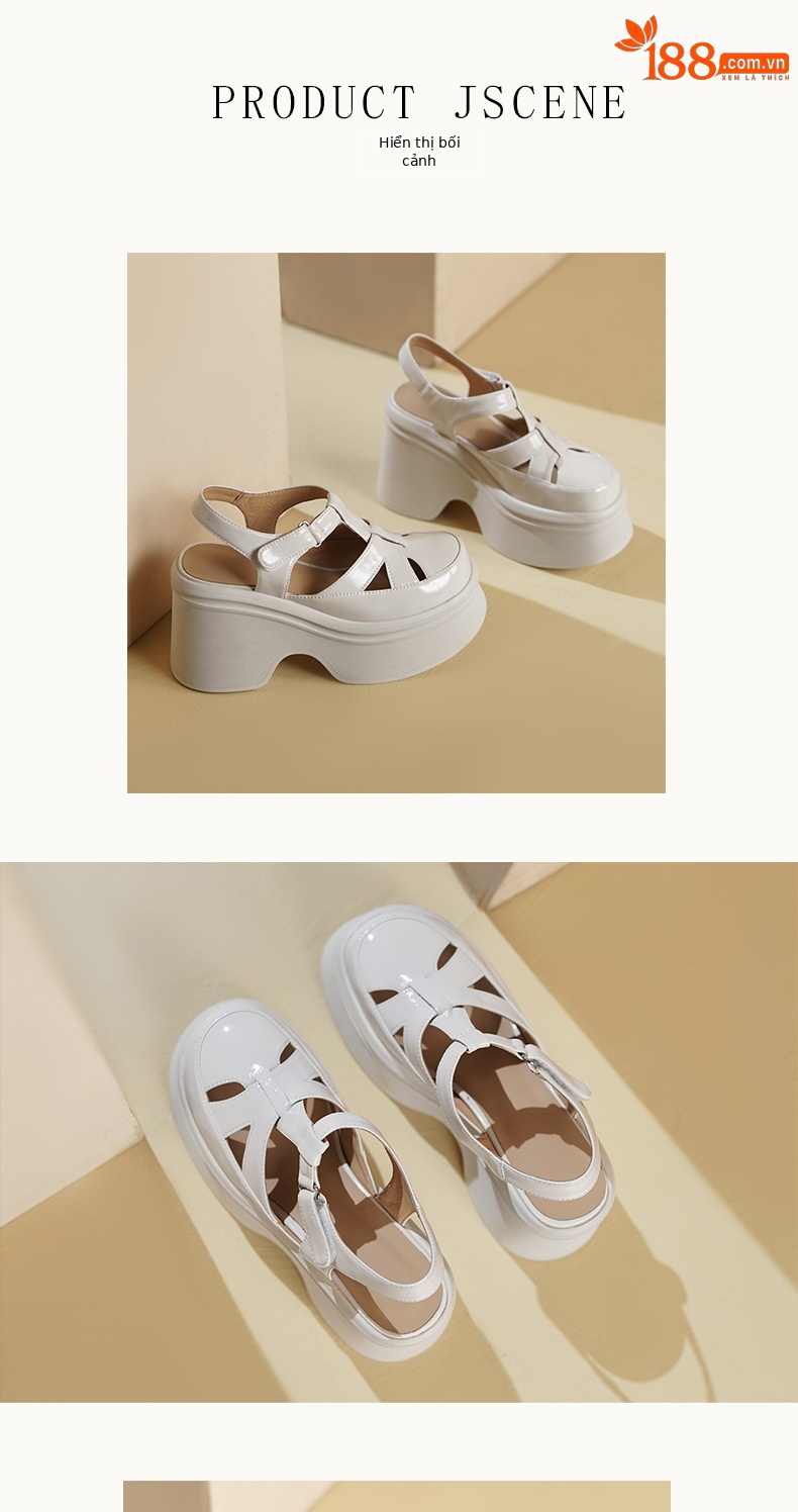Sandal cao gót nữ 10 cm quai ngang mũi hở đế platform da bóng — Màu đen, Màu trắng be chi tiết 5