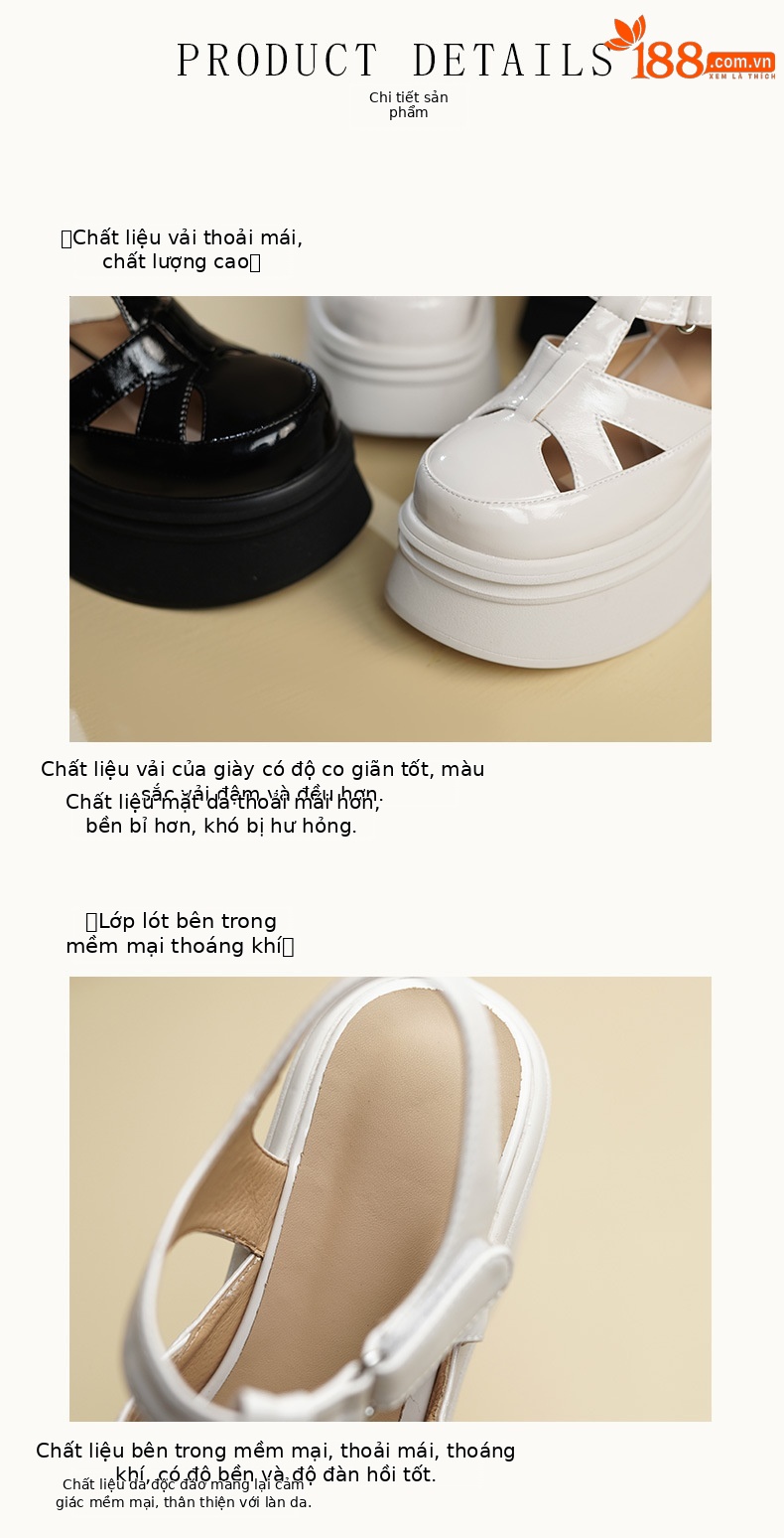 Sandal cao gót nữ 10 cm quai ngang mũi hở đế platform da bóng — Màu đen, Màu trắng be chi tiết 7