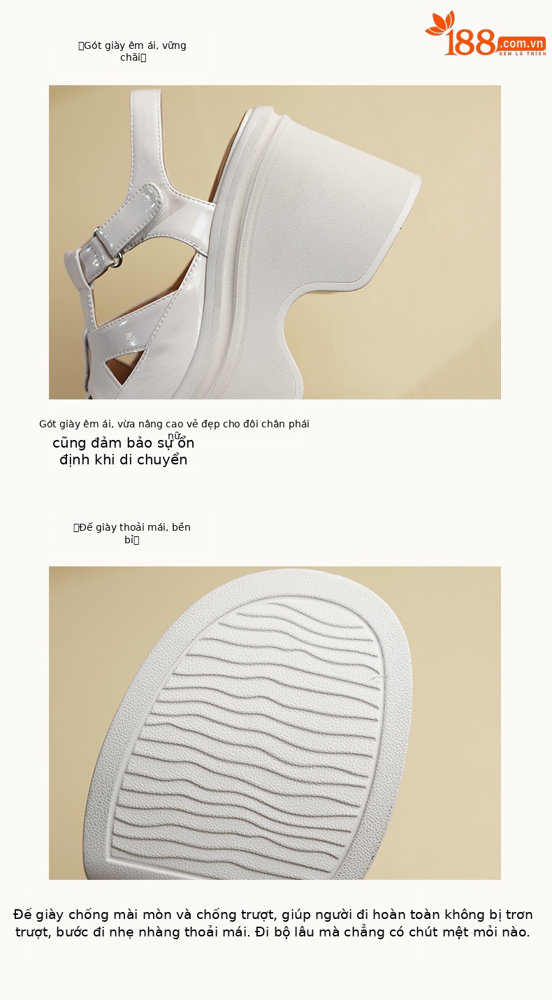 Sandal cao gót nữ 10 cm quai ngang mũi hở đế platform da bóng — Màu đen, Màu trắng be chi tiết 8