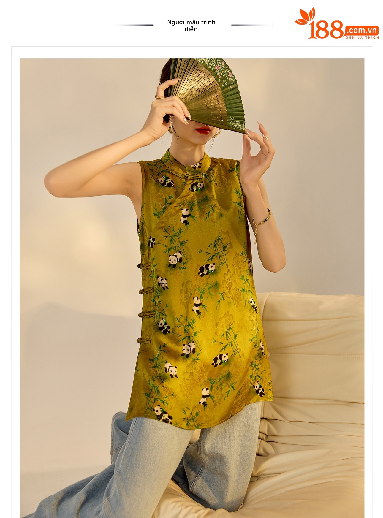 Áo vest cổ tre họa tiết gấu trúc phong cách Trung Hoa mới dành cho nữ — Màu vàng chi tiết 1