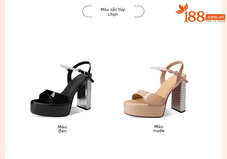 Sandal nữ cao gót mũi tròn quai ngang đính đá gót dày platform da sáng chế — đen chi tiết 1