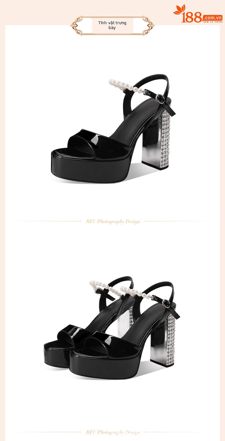 Sandal nữ cao gót mũi tròn quai ngang đính đá gót dày platform da sáng chế — đen chi tiết 2