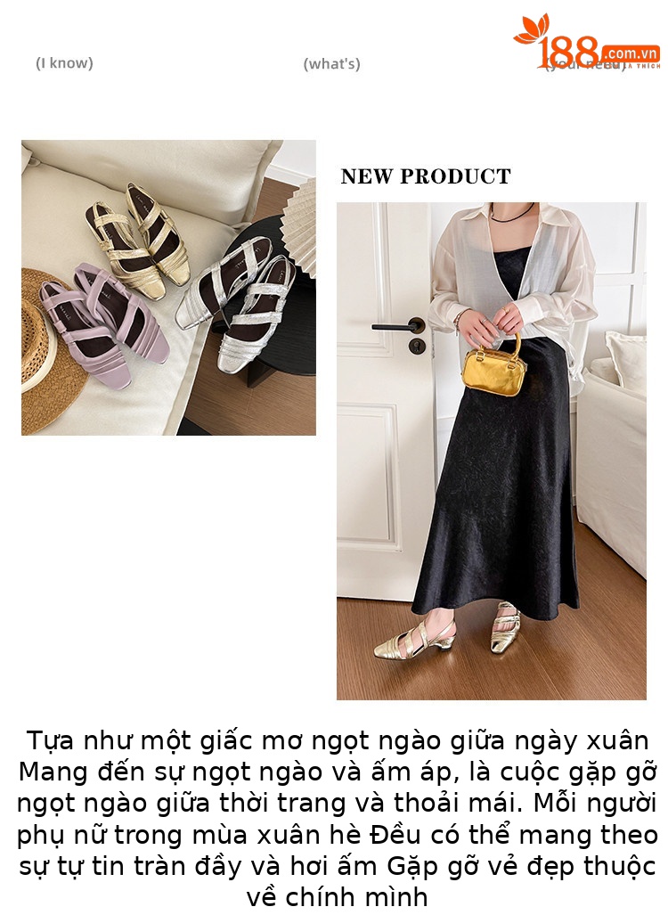 Sandal nữ quai sau hở lưng mũi vuông gót vuông da thật — vàng, Tím, bạc chi tiết 1