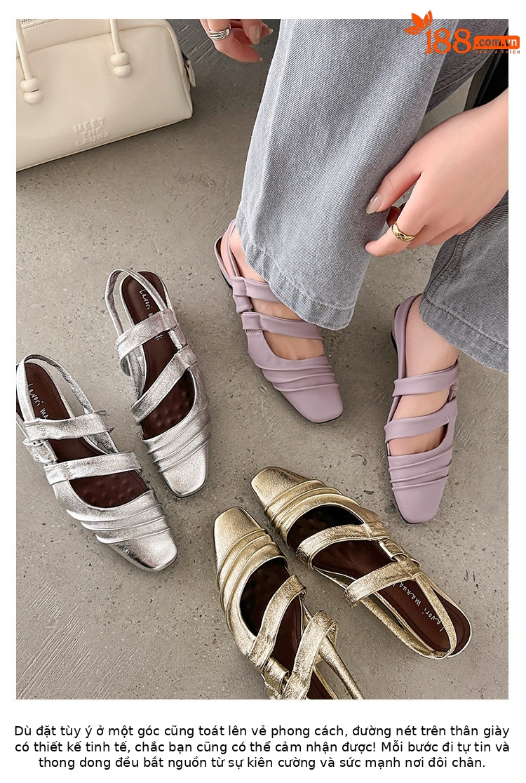 Sandal nữ quai sau hở lưng mũi vuông gót vuông da thật — vàng, Tím, bạc chi tiết 4