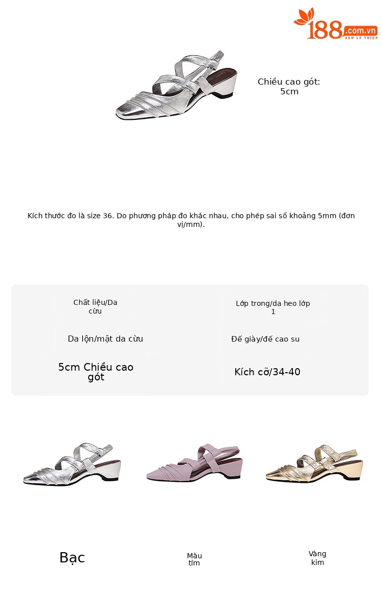 Sandal nữ quai sau hở lưng mũi vuông gót vuông da thật — vàng, Tím, bạc chi tiết 2
