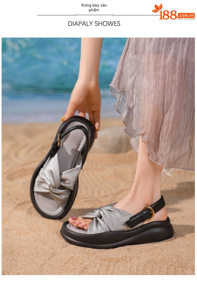 Dép sandal nữ quai chữ V satin phong cách Trung Quốc, đế dày tăng chiều cao, thoải mái đa năng — đen, bạc chi tiết 3