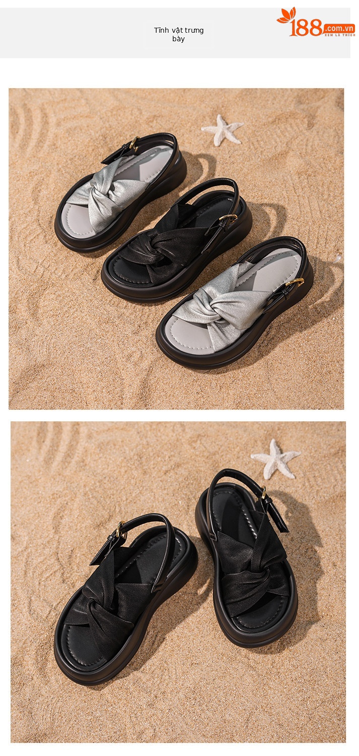 Dép sandal nữ quai chữ V satin phong cách Trung Quốc, đế dày tăng chiều cao, thoải mái đa năng — đen, bạc chi tiết 9