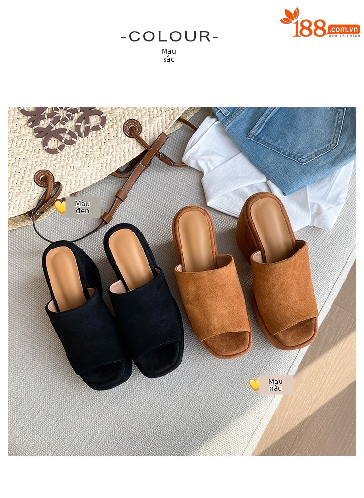 Dép sandal nữ đế xuồng da lộn gót siêu cao 11cm quai ngang hở mũi — Màu nâu, Màu đen chi tiết 6