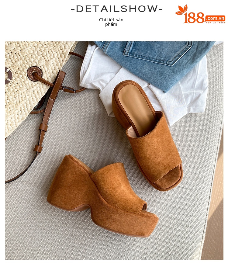 Dép sandal nữ đế xuồng da lộn gót siêu cao 11cm quai ngang hở mũi — Màu nâu, Màu đen chi tiết 11