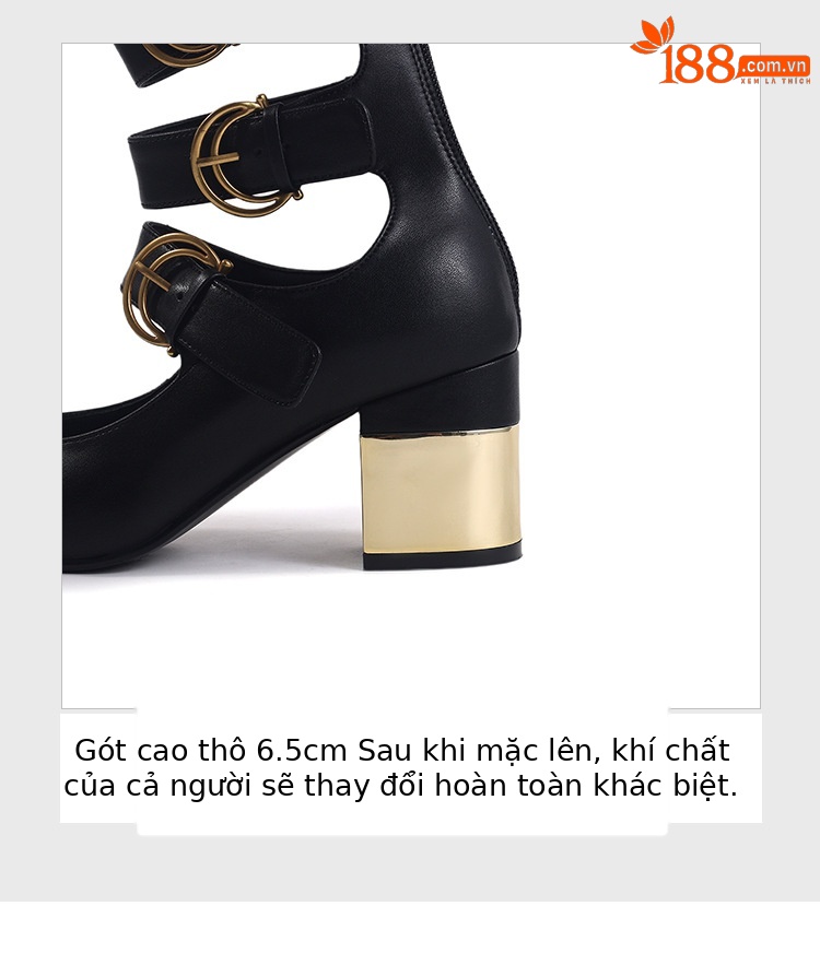 Boot nữ da thật cổ cao hở mũi gót vuông phong cách La Mã khóa kéo sau — Màu đen, Màu trắng be chi tiết 5