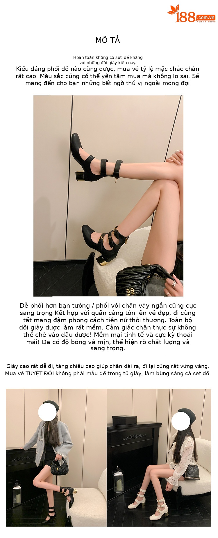 Boot nữ da thật cổ cao hở mũi gót vuông phong cách La Mã khóa kéo sau — Màu đen, Màu trắng be chi tiết 2
