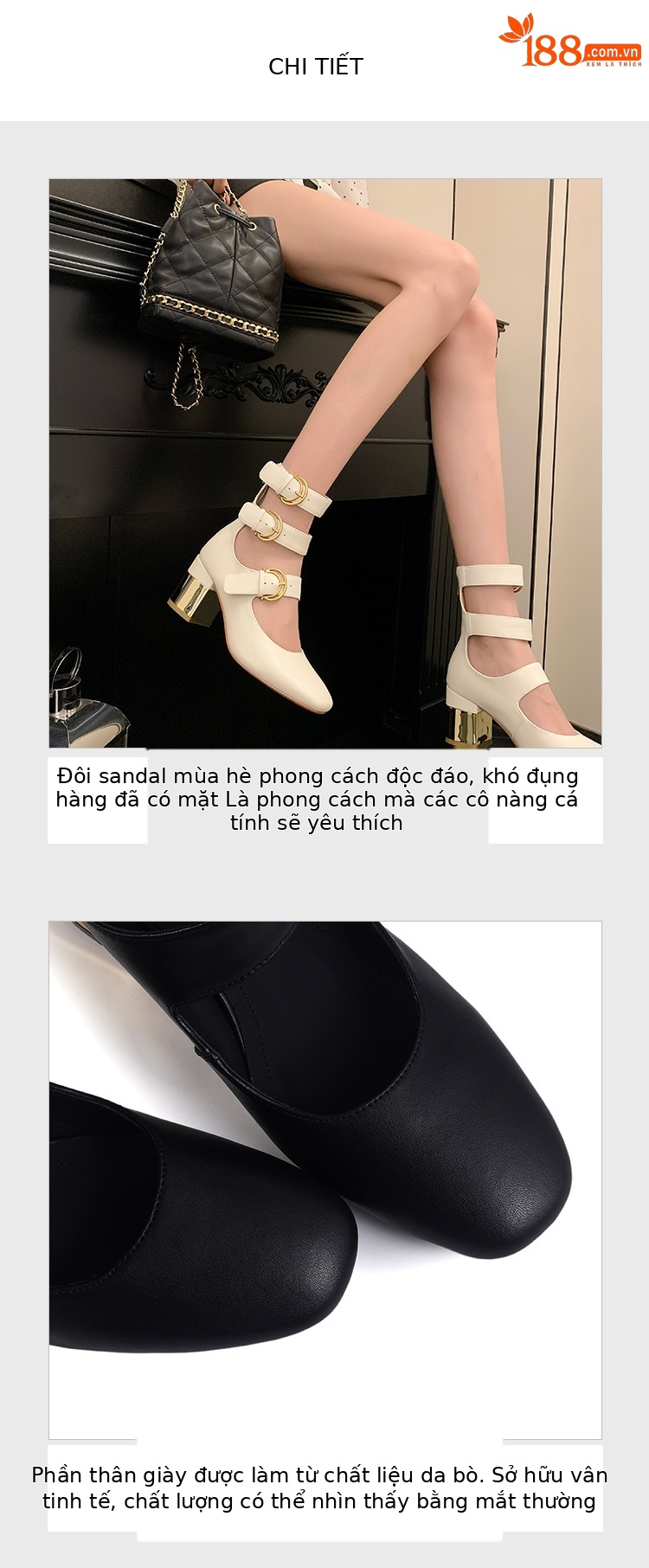 Boot nữ da thật cổ cao hở mũi gót vuông phong cách La Mã khóa kéo sau — Màu đen, Màu trắng be chi tiết 3