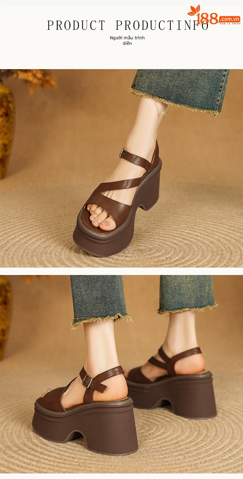 Sandal nữ đế xuồng 11cm quai ngang cổ điển hở mũi da thật — Màu vàng, Màu bạc chi tiết 2