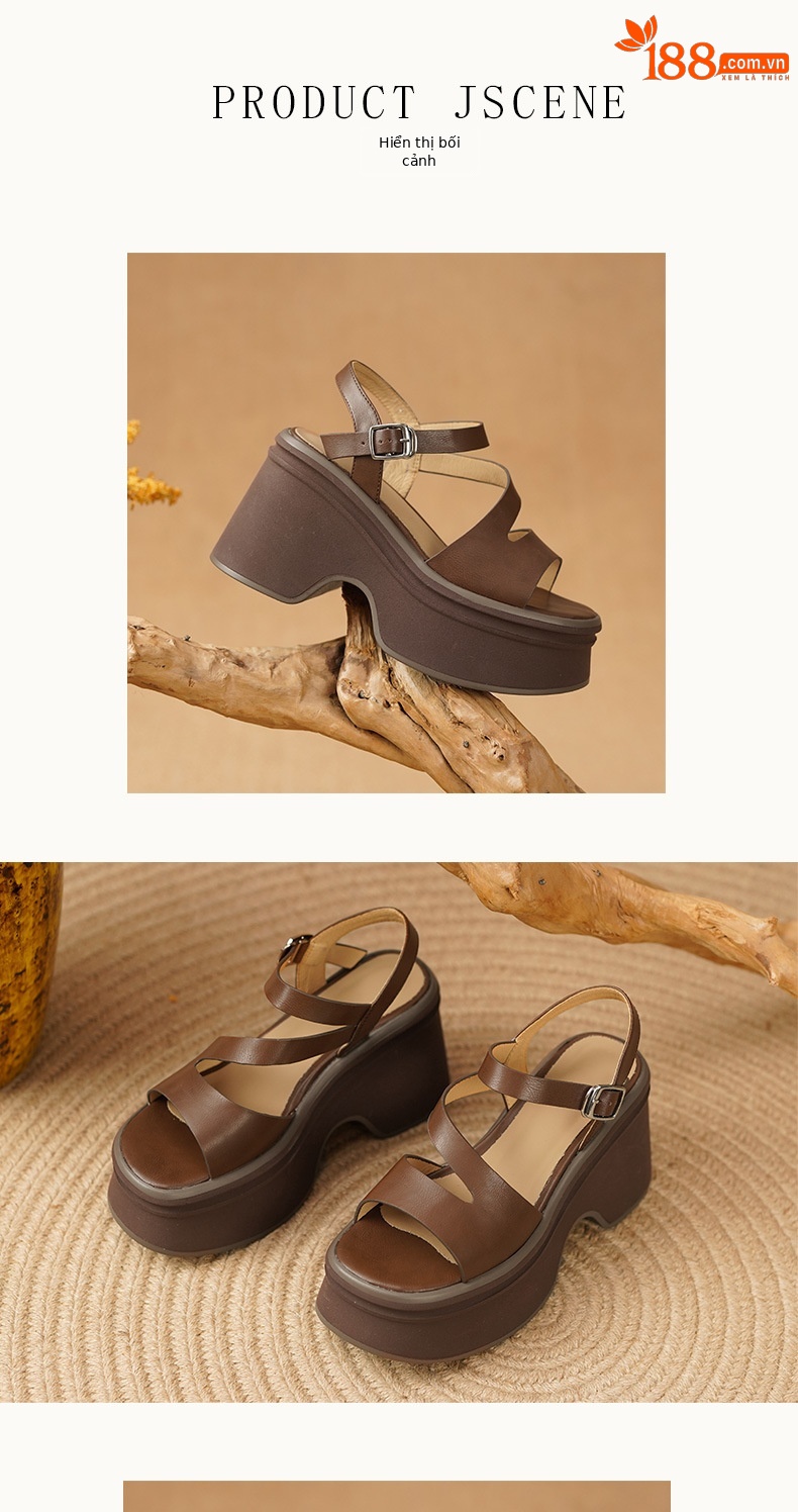 Sandal nữ đế xuồng 11cm quai ngang cổ điển hở mũi da thật — Màu vàng, Màu bạc chi tiết 5