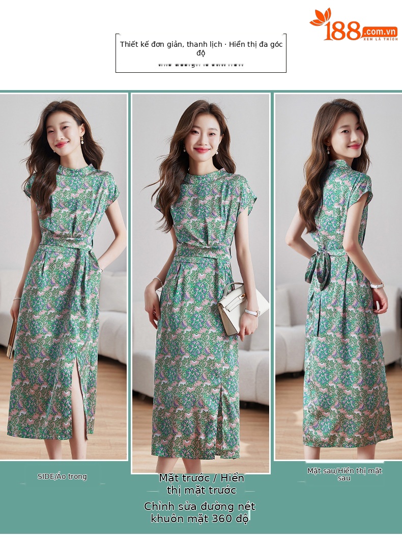 Váy maxi hoa nhí xẻ tà thiết kế cổ điển, dáng suông thắt eo — Màu như hình chi tiết 2