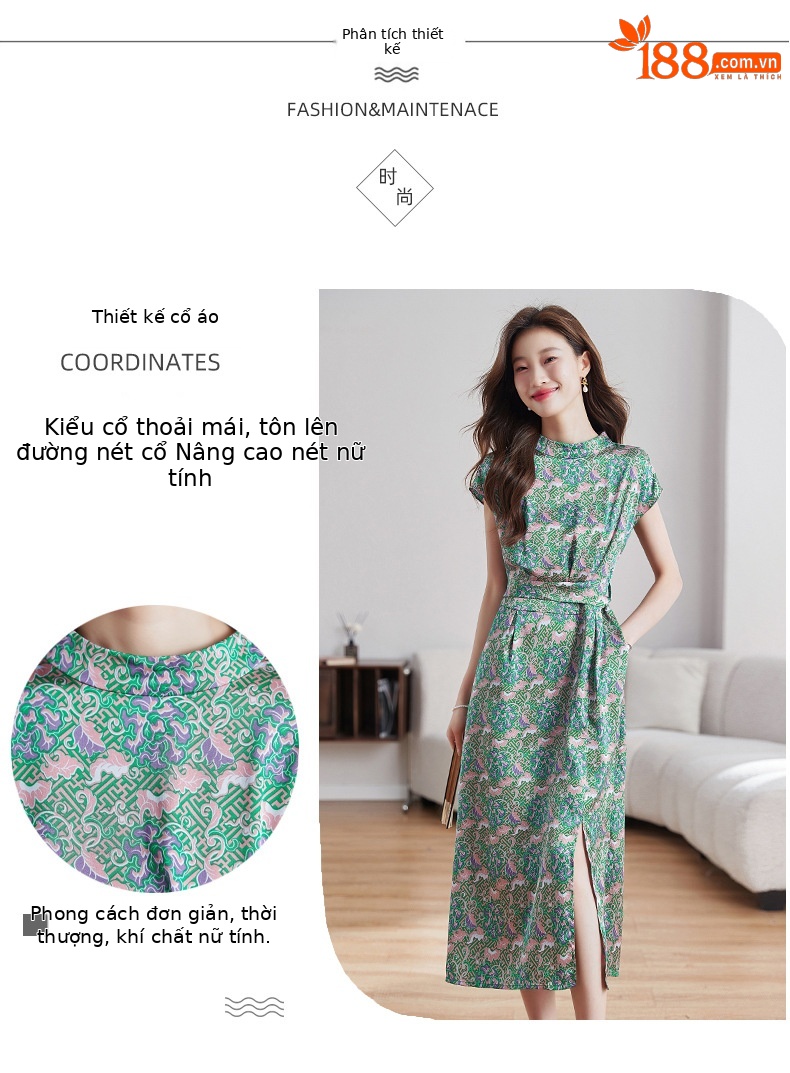 Váy maxi hoa nhí xẻ tà thiết kế cổ điển, dáng suông thắt eo — Màu như hình chi tiết 3