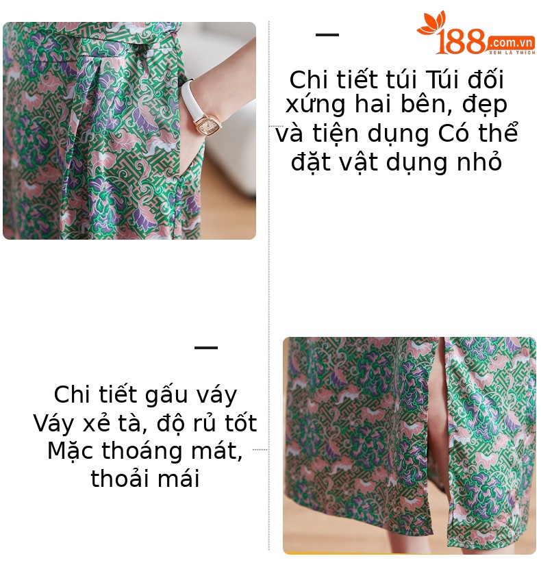 Váy maxi hoa nhí xẻ tà thiết kế cổ điển, dáng suông thắt eo — Màu như hình chi tiết 4