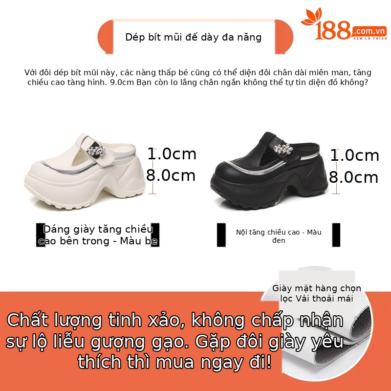 Dép lê mũmũm trùm đầu dáng nhỏ độn cao 9cm đế dày HS7780-18 nữ giày lười xỏ chân mẫu mới mùa hè 2025 — Màu be, Màu đen