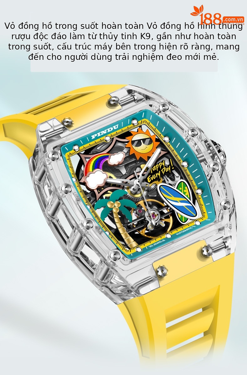 Đồng hồ nam Richard automatic skeleton lộ máy dạ quang chống nước mặt số hình thùng chi tiết 3