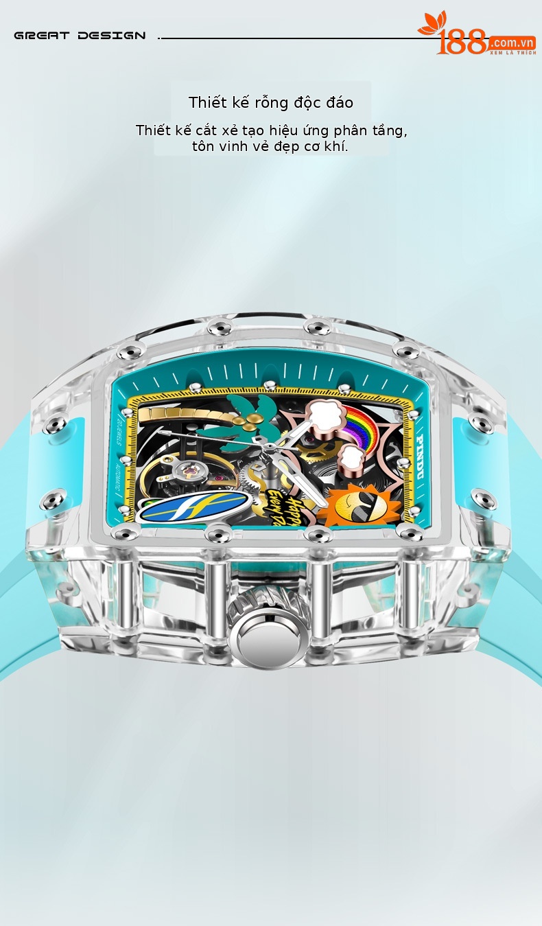 Đồng hồ nam Richard automatic skeleton lộ máy dạ quang chống nước mặt số hình thùng chi tiết 4