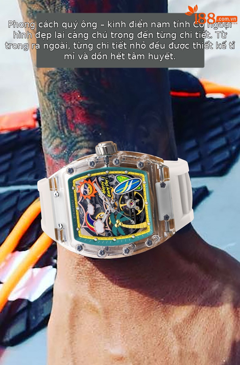 Đồng hồ nam Richard automatic skeleton lộ máy dạ quang chống nước mặt số hình thùng chi tiết 8