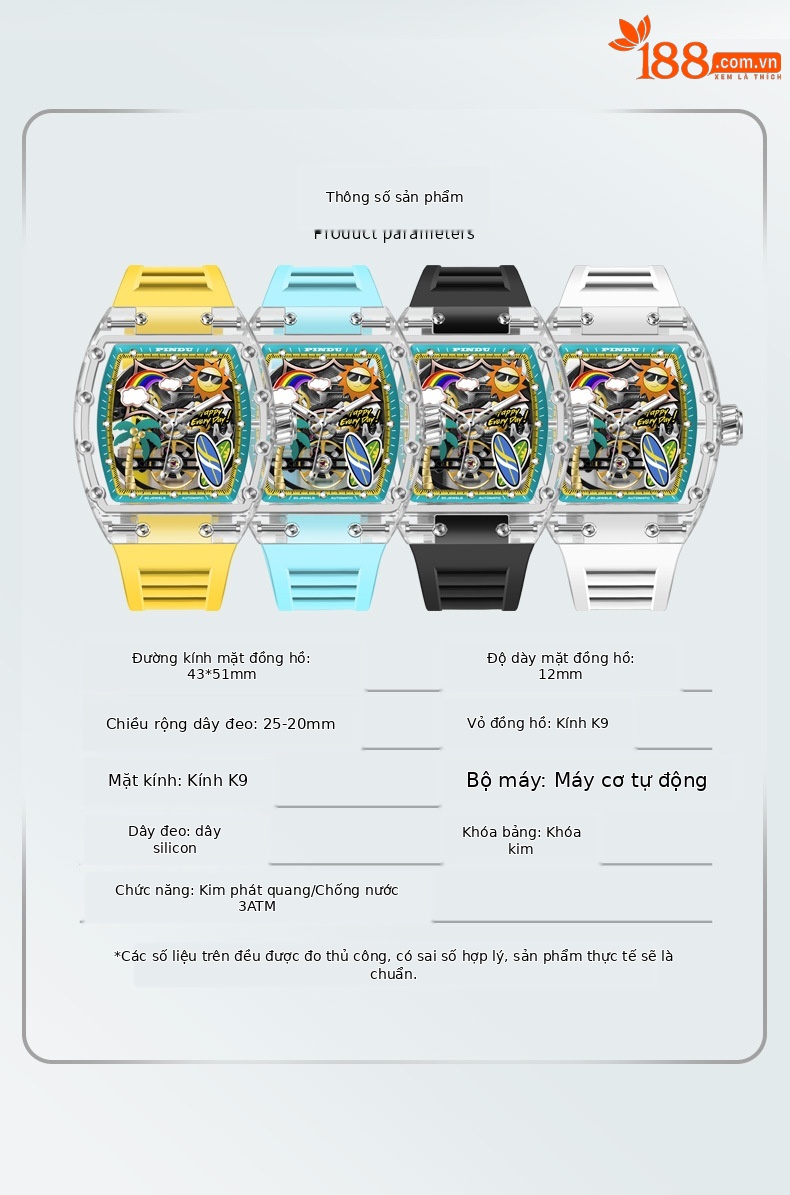 Đồng hồ nam Richard automatic skeleton lộ máy dạ quang chống nước mặt số hình thùng chi tiết 5