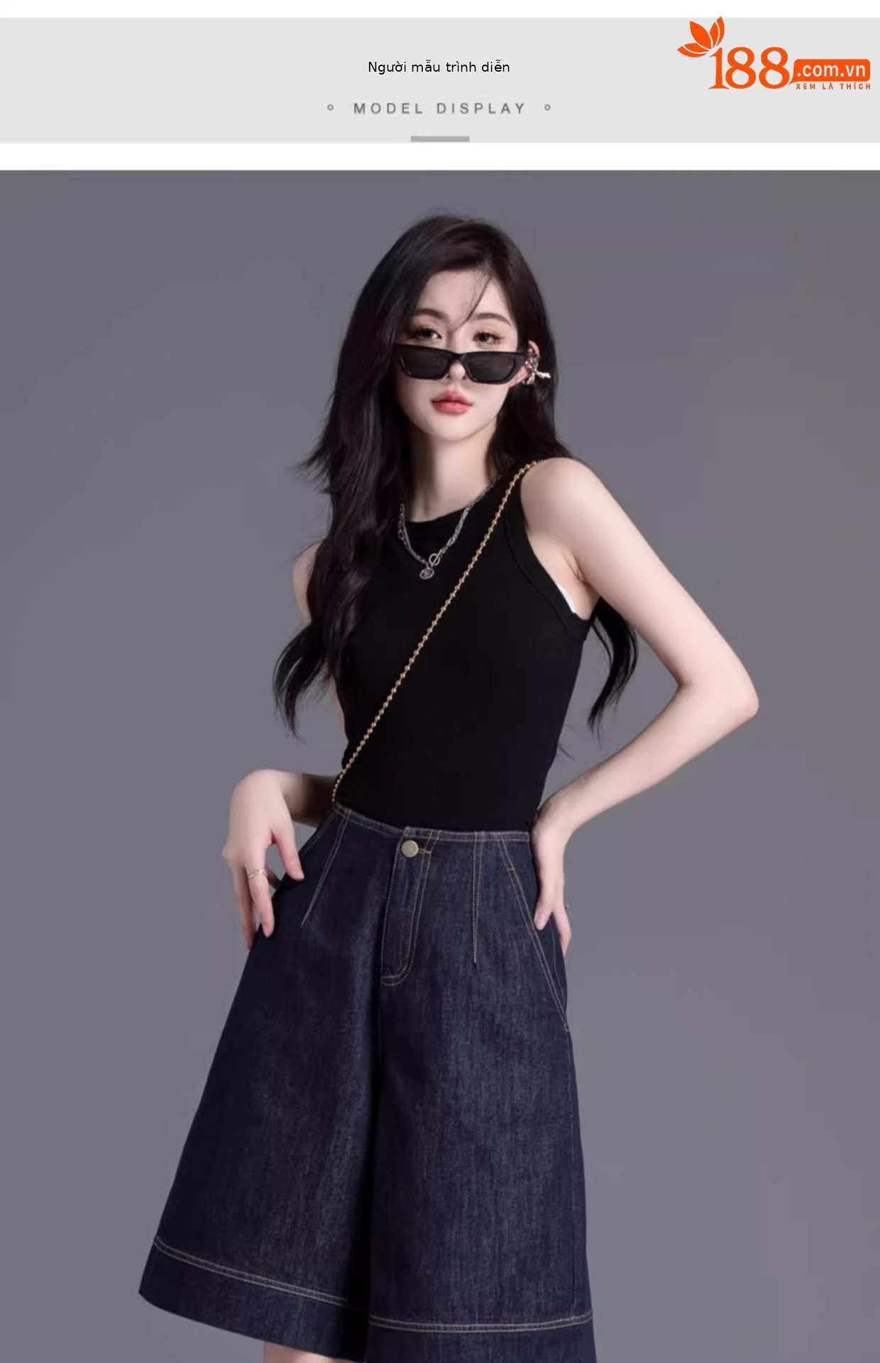 Quần short denim nữ dáng rộng ống suông mùa hè — Xanh denim chi tiết 1