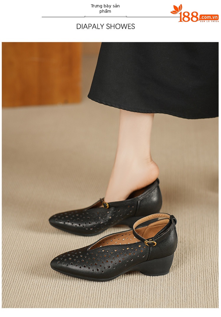Sandal nữ mũi nhọn quai ngang gót trung bình phong cách retro thoáng khí — đen, mơ chi tiết 3