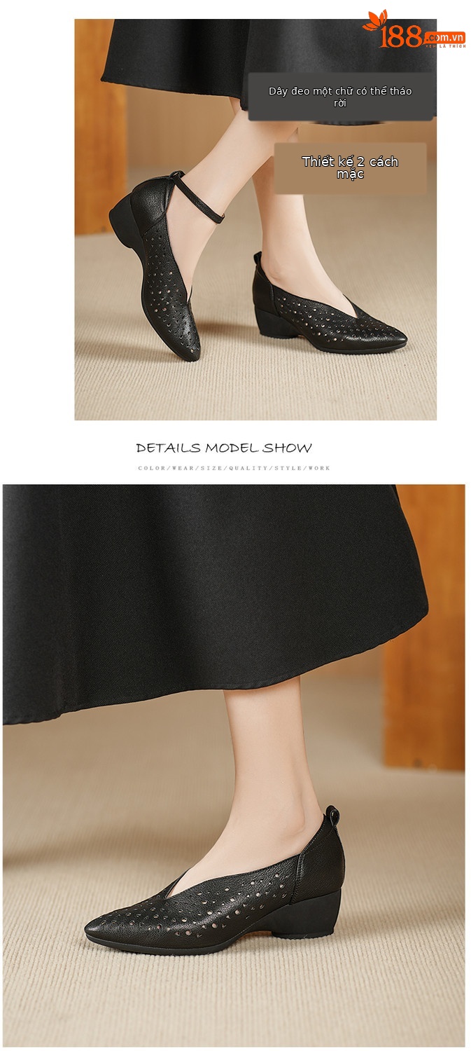 Sandal nữ mũi nhọn quai ngang gót trung bình phong cách retro thoáng khí — đen, mơ chi tiết 5