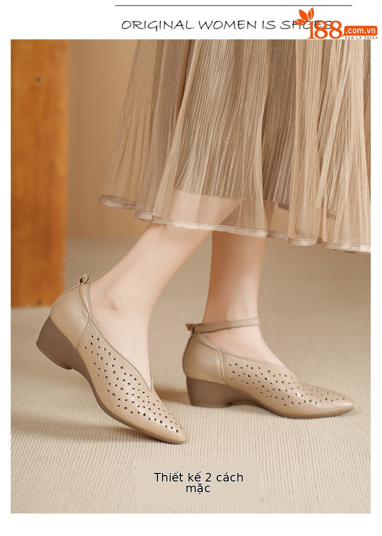 Sandal nữ mũi nhọn quai ngang gót trung bình phong cách retro thoáng khí — đen, mơ chi tiết 8