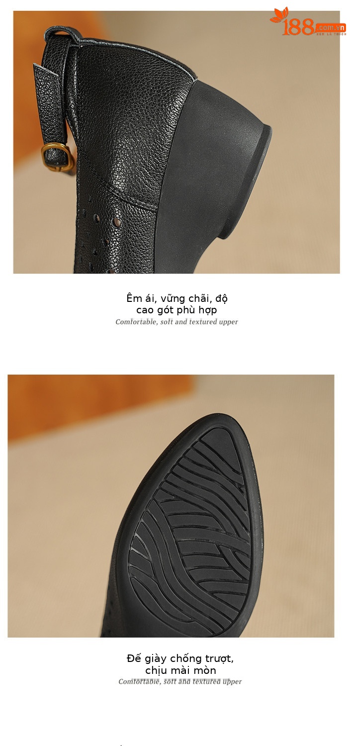 Sandal nữ mũi nhọn quai ngang gót trung bình phong cách retro thoáng khí — đen, mơ chi tiết 13