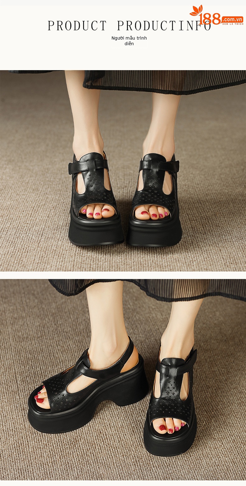 Sandal cao gót nữ đế xuồng mũi hở quai Velcro — Màu nâu, Màu đen chi tiết 2