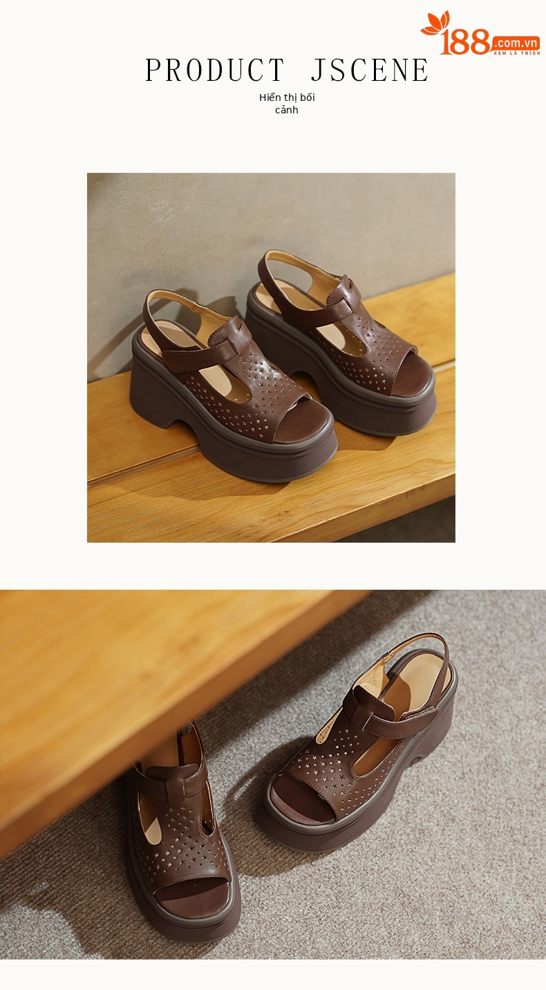 Sandal cao gót nữ đế xuồng mũi hở quai Velcro — Màu nâu, Màu đen chi tiết 5