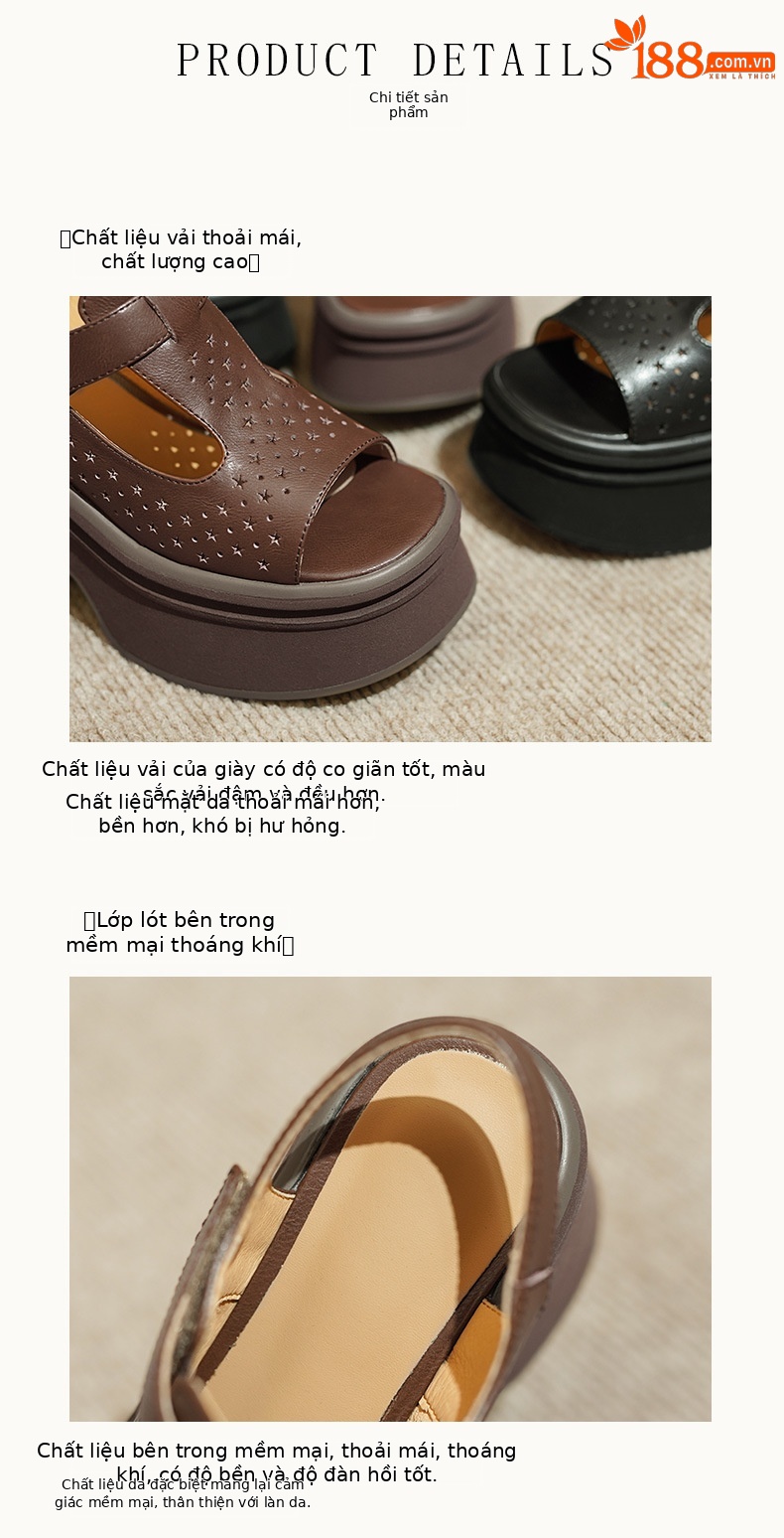 Sandal cao gót nữ đế xuồng mũi hở quai Velcro — Màu nâu, Màu đen chi tiết 7
