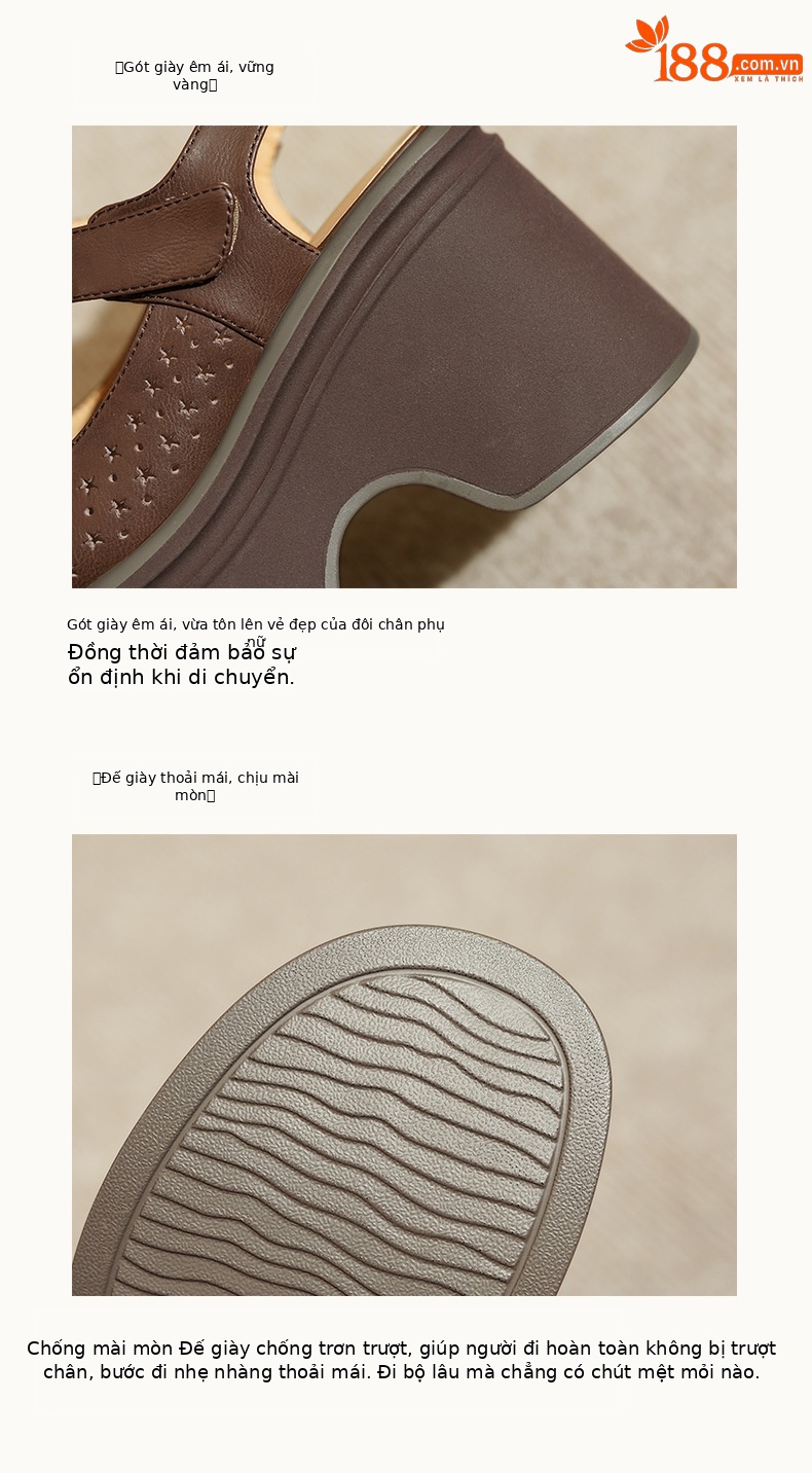 Sandal cao gót nữ đế xuồng mũi hở quai Velcro — Màu nâu, Màu đen chi tiết 8